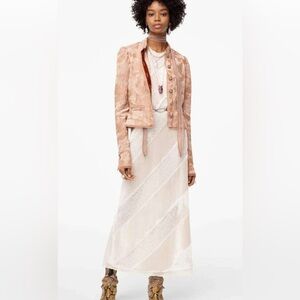 Zara Limited Edition Ecru Contrasting Diagonal Lace Satin High Neck Dress Size L